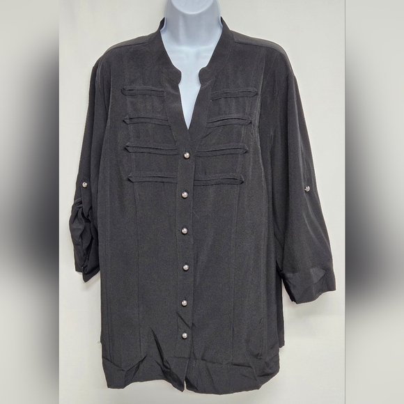 Kathy Che Stretch 18/20W Button Down V Neck Top Adjustable Sleeves Black - Picture 1 of 7